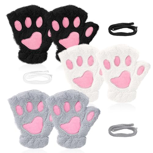 EUPSIIU 3 Pare Katzenpfote Handschuhe, Fingerlose Handschuhe Winter, Furry Paw Hand Handschuhe, Kunstpelz Plüsch Katzen Handschuhe für Frauen, Fingerless Gloves, Winter Fausthandschuh von EUPSIIU