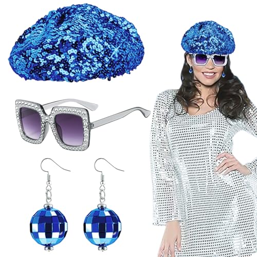 EUPSIIU 3 Stück Disco Kostüm für Damen, 70er 80er Glitzer Accessoires mit Pailletten Baskenmützen Hut Bling Sonnenbrille Ohrringe Discokugel, Disco Zubehör Dance Kostüm für Erwachsene Karneval (Blau) von EUPSIIU