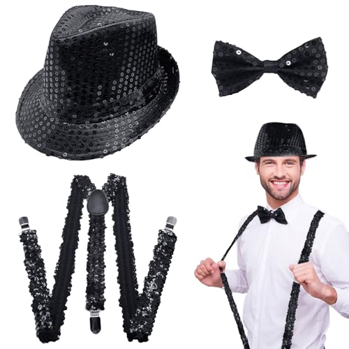 EUPSIIU 3 Stück Pailletten Kostüm Jazz Hip-Hop Dance JGA Kostüm Zubehör Schwarz Jazz Hut Hosenträger Pailletten Fliege Erwachsene Kinder Jazz Performance Mardi Gras Cosplay Abschlussball von EUPSIIU