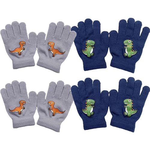 EUPSIIU 4 Paar Magische Handschuhe für Kinder, Vollfinger Winter Gestrickte Stretch Handschuhe, Kleinkind Fäustlinge, Kinderhandschuhe Dinosaurier für Jungen Mädchen, 6 x 2,36 Zoll (Marineblau, Grau) von EUPSIIU