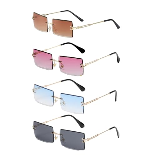 EUPSIIU 4 Paar Retro Sonnenbrille Randlose Mode Rechteck Sunglasses für Damen Herren Ultra-Small Frame Brille 80er Vintage Durchsichtige Linse Rahmenlose Rimless Sonnenbrille von EUPSIIU