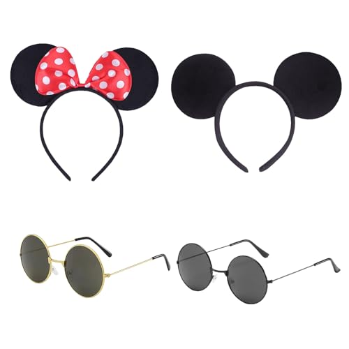 EUPSIIU 4 Stück Cartoon Maus Kostüm mit Mausohren Stirnband Sonnenbrille Runde, Haarreifen in Schwarz mit Maus Ohren für Kinder Erwachsene Tier Cosplay Karneval Halloween Kostümfeste (2 Farben) von EUPSIIU