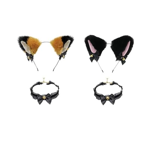 EUPSIIU 4 Stück Katzenohren Haarreif, Cat Ears Stirnband Glöckchen Halskette Katze Cosplay, Katze Fuchs Fuchsohren Stirnband, Katze Ohr Haarband Haarschmuck für Frauen Mädchen Cosplay Kostüm (4PCS) von EUPSIIU