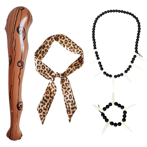 EUPSIIU 4 Stück Wilde Höhlenmensch Kostüm Zubehör Aufblasbarer Streitkolben Leoparden Stirnband lfenbein Armband Halskette, Höhlenmensch Stab Höhle Kostüm für Damen Herren Karneval Cosplay (4PCS) von EUPSIIU