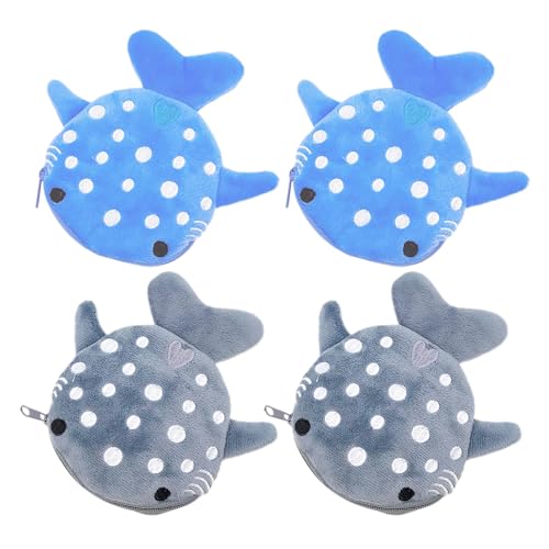 EUPSIIU 4 Stücke Hai Plüsch Geldbörse, Shark Coin Purse Mit Reißverschluss, Portable Change Wallet, Hai Geldbörse, Cartoon Münze Pouch Kosmetik Schmuck Schlüsselhalter Kopfhörer Tasche (Blau, Grau) von EUPSIIU