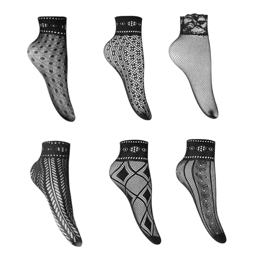 EUPSIIU 6 Paar Fischnetz Söckchen Frauen Reizvolle Schwarz Netzstrümpfe Kurze Knöchel Socken,Transparente Lace Strumpf Spitzensocken Gothic,rüschen socken damen,nylon socken (6 Stile) von EUPSIIU