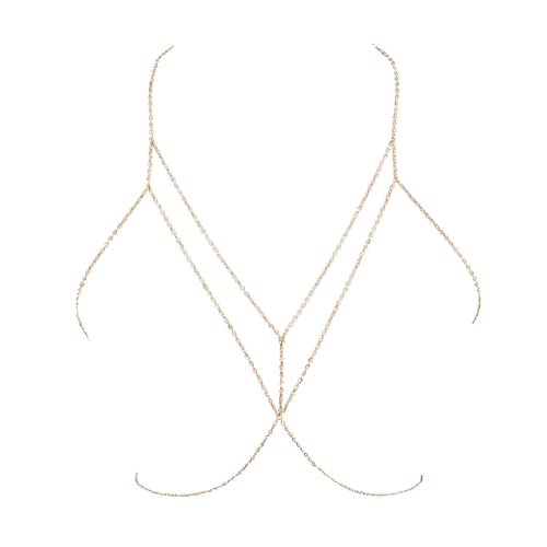 EUPSIIU Damen Sexy Körperkette, Bikini BH Body Chain, Mehrschichtig Lange Brustkette, Damen Bodysuit Körperkette Kettenschmuck, Einfache Sexy Bauch Körper Kette Halskette, Bikini Partykette (Gold) von EUPSIIU