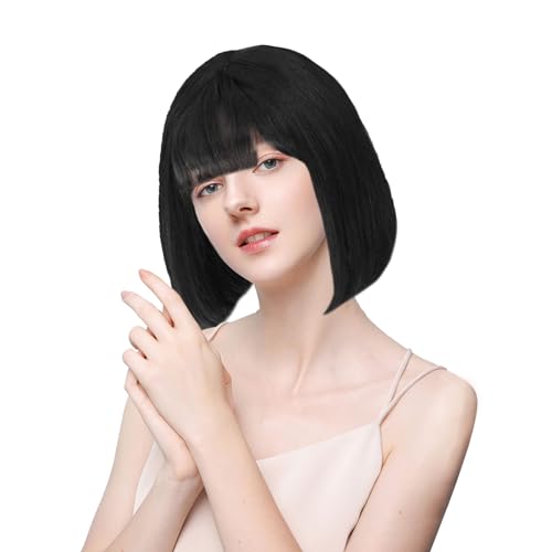 EUPSIIU Frauen kurze gerade BOB Perücke,Kurz Gerade Bob Perücke mit Pony Synthetik Perücke Hitzeresistente Schwarz Perücken Damen,für den täglichen Gebrauch Party Cosplay Halloween (schwarz) von EUPSIIU