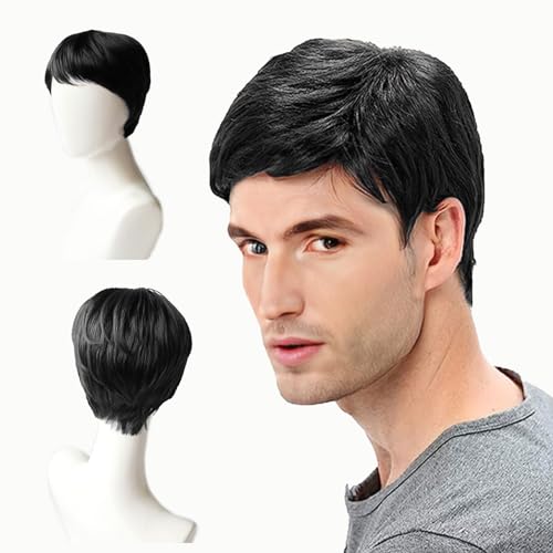 EUPSIIU Herren Perücke Herren Schwarz Kurz Haare Layered Wave Perücken mit Pony Cosplay Perücke Kostümparty Halloween Party Men Wigs Daily Wear Mottoparty Fasching 70er Jahre (Schwarz) von EUPSIIU