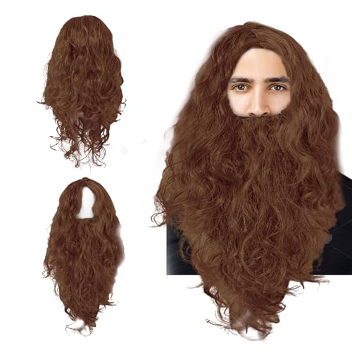 EUPSIIU Herrenperücke Perücke Bart Halloween Cosplay Perücke Retro Braun Herren Damen Hippie Kostüm Magier Zauberer für Männer Fasching Mottoparty Karneval(Braun) von EUPSIIU