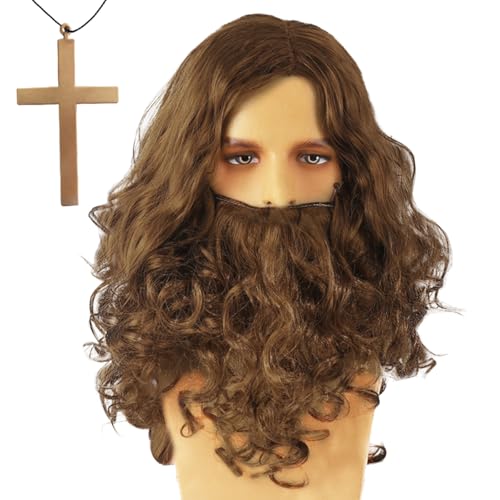EUPSIIU Herrenperücke Perücke Bart Und kreuz Halskette Lang Braun Perücke Herren Damen Cosplay Halloween Kostüm Magier Zauberer für Männer Mottoparty Karneval(Braun) von EUPSIIU