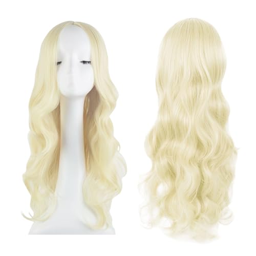 EUPSIIU Lange Gewellt Platinblonde Perücke für Frauen Mädchen, 27’’ Lange Lockige Volle Haar Gewellt Hitzebeständig Perücke Damen Cosplay Kostüm Charmante Perücke für Tägliche Karneval (Platinblonde) von EUPSIIU
