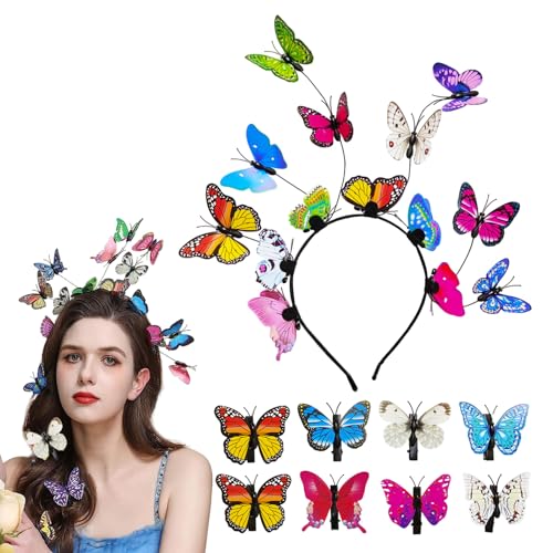 EUPSIIU Schmetterling Haarreif Damen Mädchen Haarschmuck Schmetterling Stirnbänder mit 8 Stücke Haarklammer Schmetterling, Schmetterling Kostüm Party Haarschmuck Für Karneval Halloween von EUPSIIU