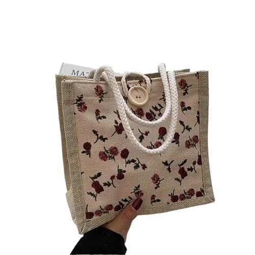 Blumen Handtasche Rose Canvas Handtasche Einfache wiederverwendbare Picknick-Frühstückstasche aus Leinenstoff mit Knopf Kleine Tragetasche Damen(Style1) von EURDFHY