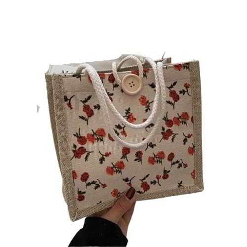 Blumen Handtasche Rose Canvas Handtasche Einfache wiederverwendbare Picknick-Frühstückstasche aus Leinenstoff mit Knopf Kleine Tragetasche Damen(Style2) von EURDFHY