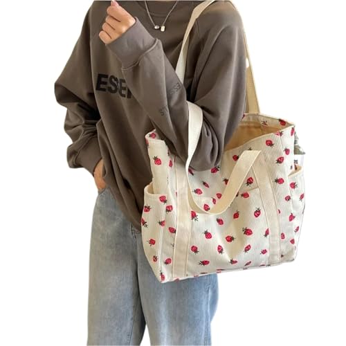 EURDFHY Blumen Handtasche Freizeit-Cord-Einkaufstasche, Studenten-Computer-Handtasche for den Unterricht, Damen-Umhängetasche mit großer Kapazität(WHITE) von EURDFHY