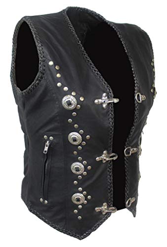 EURO STARS Damen Kanchoo Lederweste Schwarz, Biker Lederkutte Metallverschlüsse, Motorradlederweste, Clubweste, Chopperweste, Rocker Weste, Kutte, Leather Vest black (XL, Schwarz) von EURO STARS