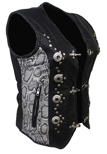 EURO STARS Damen Lederweste Schlange Schwarz Hackenverschlüsse, Biker Lederkutte Metallverschlüsse, Motorradlederweste, Clubweste, Chopperweste, Rocker Weste, Kutte, Leather Vest black (L, Schwarz) von EURO STARS