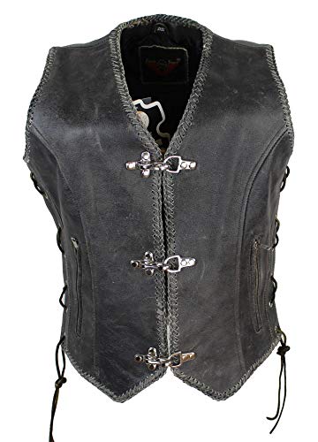 EURO STARS Damen Lederweste mit Seiten Schnür Cracker Braun Hackenverschlüsse, Bikerweste, Motorradlederweste Metallverschlüsse, Clubweste, Chopperweste, Rocker Weste, Lederkutte (2XS, Braun) von EURO STARS