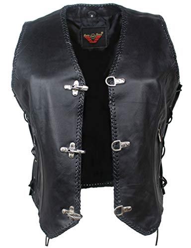 EURO STARS Damen Lederweste mit Seiten Schnür Schwarz Hackenverschlüsse, Bikerweste, Motorradlederweste Metallverschlüsse, Clubweste, Chopperweste, Rocker Weste, Kutte, Leather Vest (L, Schwarz) von EURO STARS