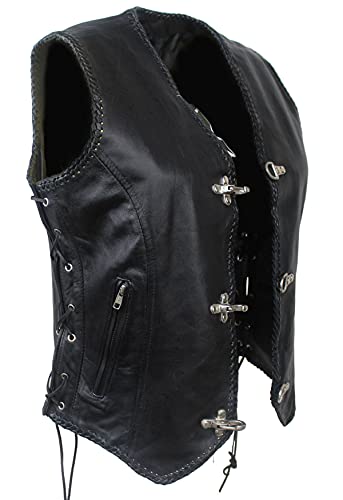 EURO STARS Damen Lederweste mit Seiten Schnür und Metall Hackenverschlüsse, Bikerweste, Motorrad Lederweste Metallverschlüsse, Clubweste, Chopperweste, Rocker Weste, Kutte, Leather Vest (2XL, Schwarz) von EURO STARS