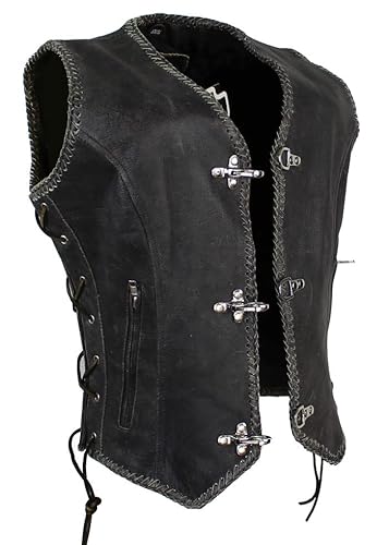 EURO STARS Damen Lederweste mit Seiten Schnür und Metall Hackenverschlüsse, Bikerweste, Motorrad Lederweste Metallverschlüsse, Clubweste, Chopperweste, Rocker Weste, Kutte (M, Cracker Braun) von EURO STARS