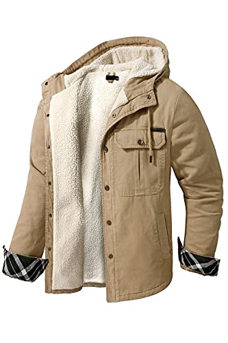 EUSMTD Herren Beiläufig Plaid Fleece Baumwoll Hoodie Shirt Jacke mit Plüschfell Innenfutter 3255 Khaki XL von EUSMTD