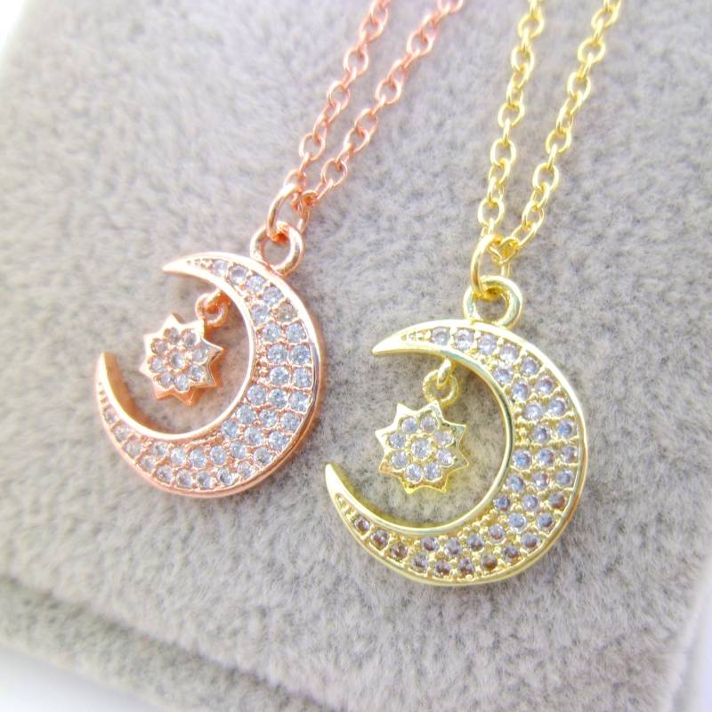 Handgemachte 18mm Glänzend Gold & Rose Kleine Mondsichel Sterne Halsketten Gefüllt Ketten Zirkon Geschenke Mutter-Tochter-Bffs Bleifrei von EUSUPPLIES