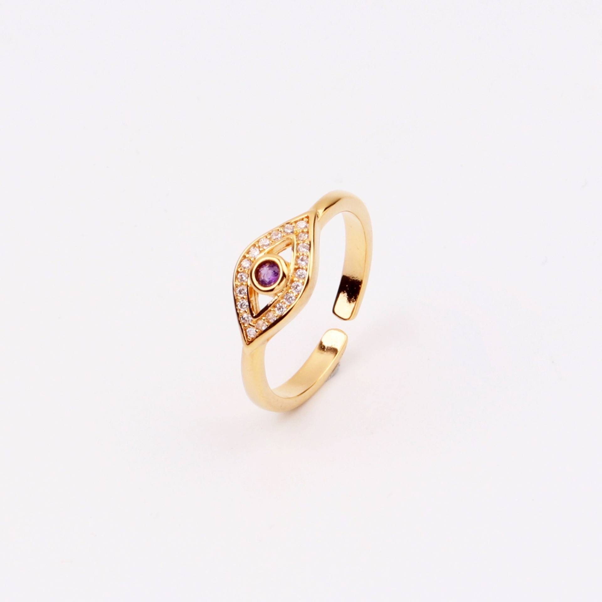 Marken & Boutique. 1 Stk. Zierlicher Gold Filled Runder Amethyst Evil Eye Micro Paved Verstellbarer Ring, Natürliche Edelsteine Geburtssteine von EUSUPPLIES