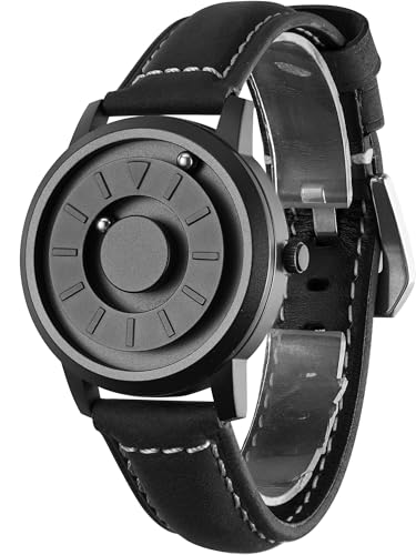 EUTOUR Uhren Herren Herrenuhr Magnet Uhr kein Glas Kugellager Quarz Armbanduhr für Männer mit Leder Armband Schwarz-40mm von EUTOUR