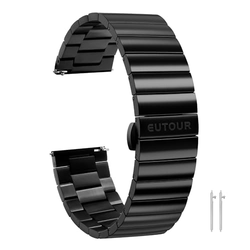 EUTOUR Uhrenarmbänder für Herren Horizontale Streifen Uhrenarmband Edelstahl Metall Armband Schnellverschluss Schwarz für Damen Herren 22mm von EUTOUR