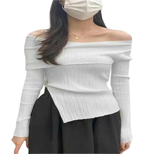 EUUDROBY Pullover Damenpullover Geteiltes Schulterobertisch Langarm Unterliegend Gestrickter Pullover Für Frauen-Weiß-Einheitsgröße von EUUDROBY