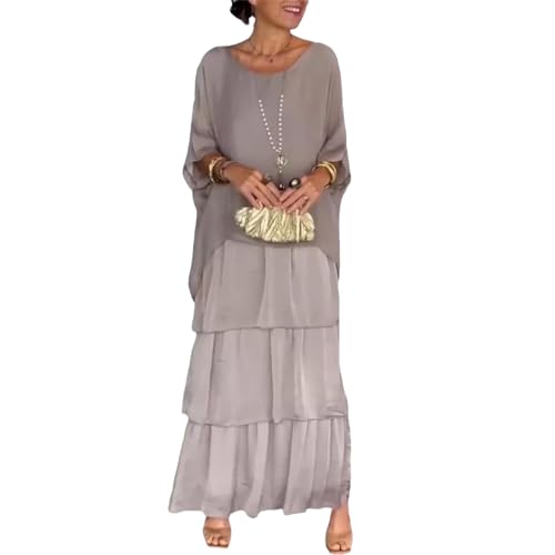 EUUDROBY Lockeres Kleid im künstlerischen Stil, lässige A-Linie, 3/4-Ärmel, Rundhalsausschnitt, geschichtete Sommer-Maxikleider (X-Large,Gray) von EUUDROBY