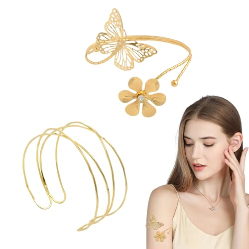 EUYKQNOI 2 Stück Oberarmreif gold arm cuff,armreif oberarm gold Oberarm Wickelarmband Armreif Gold Armreif Minimalistisches armreif Oberarm Offen Verstellbar Zarter Geschichteter armreifen Oberarmreif von EUYKQNOI