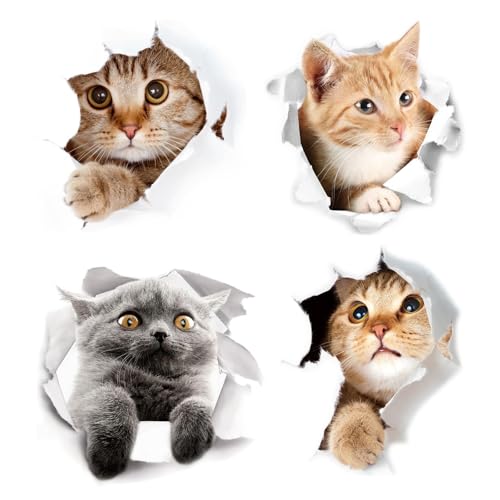 EUYKQNOI 4 Stück 3D Katzen Aufkleber Selbstklebend - Extra Dicke Wandsticker für Badezimmer, Kühlschrank & Auto - Realistische Katzen Wandtattoo, Abziehbar & Wasserdicht von EUYKQNOI