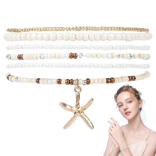 EUYKQNOI 6 Stück Sommer Strand Armbänder für Damen, Heishi-surfer Armband Stretch Seesterne Muscheln Boho Perlenset Freundschaftsarmbänder Stapelbar Schmuckzubehör Geschenke, für Strandparty Urlaub von EUYKQNOI