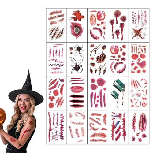 EUYKQNOI Halloween Gesicht Tattoo, 20 Stück gruselige Gesichtsaufkleber mit Zombie Vampir Hexe Narben Design, für Karneval Fasching Kostüm, Erwachsene und Kinder Faschingsparty Accessoires von EUYKQNOI