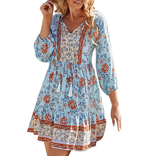 Damen Boho Kleid Sommerkleid Strandkleid Swingkleid Knielang Strandkleid Frauen Blusenkleid Sexy Boho Midikleid Elegant Blumendruck Kleid Lässiges Kleider Bohemian Resort Style Kurzes Kleid Glitzer von EUzeo