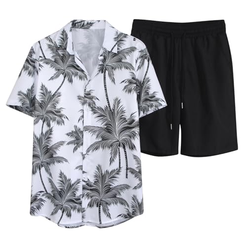 EUzeo Herren Hawaii Hemd Sommer Outfit Strandhemd Hawaii Set Party Blumenmuster Kurzarm Shirt and Shorts Urlaub Hawaii Kurzarm-Hemd-Set Lockeres Plus-Size Zweiteiliges Set Jogginganzug von EUzeo