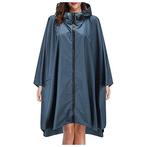 EUzeo Regenjacke Damen Regenmantel Übergangsjacke Outdoorjacke Regenponcho Regencape Kapuzenjacke Funktionsjacke Wasserdicht Fahrradjacke Dünne Regenjacken Atmungsaktive (Blue, One Size) von EUzeo