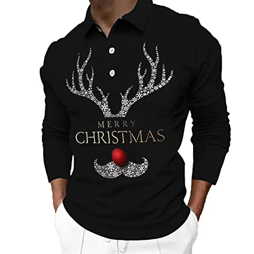 EUzeo Weihnachts Langarmhemd für Herren Langarm Sweatshirt Weihnachts Polohemd Pullover 3D Digital Weihnachtsdruck Poloshirts Männer Lässige Winterknöpfe Umlegekragen Langarmshirts (Black, XL) von EUzeo