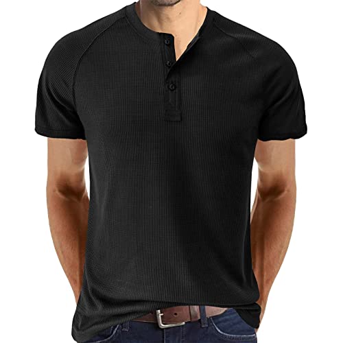 EUzeo T-Shirt Herren Sommer Henley Shirt Herren Kurzarm Waffelstoff Knopf T-Shirt Beilaufig T Shirts für Männer Sportshirt Kurzarmeliges Shirts Henley Sommerhemd Einfarbige T-Shirt Freizeitoberteile von EUzeo