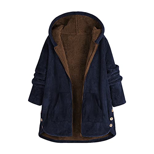 Damen Casual Mantel Faux Für Lange Ärmel Outwear Coat Warmer, verdickter Damenmantel mit Retro-Muster, Winter-Fleece-Futter, Kapuzen-Sweatshirt, Outwear-Jacke mit Seitentasche Lange (L1-Navy, XXXL) von EVAEVA