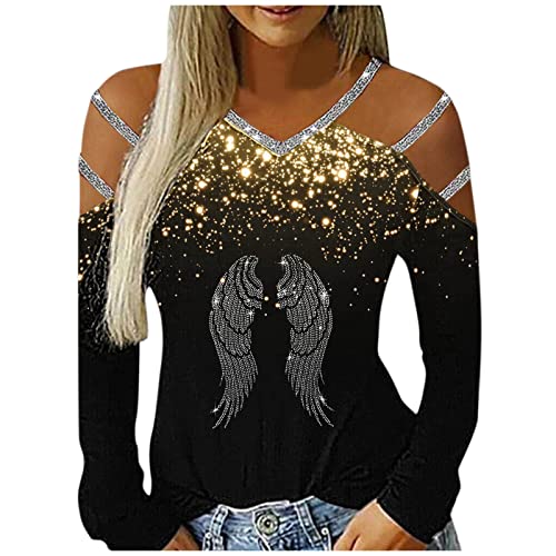 Damen Shirt Langarm Basic Oberteile Casual Pullover Langarmshirt Mode Damen Casual Strass Liebe gedruckt Top Langarm V-Ausschnitt schulterfrei T-Shirt Top Rockige Kleidung Damen von EVAEVA