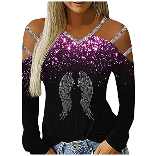 Damen Shirt Langarm Basic Oberteile Casual Pullover Langarmshirt Mode Damen Casual Strass Liebe gedruckt Top Langarm V-Ausschnitt schulterfrei T-Shirt Top Rockige Kleidung Damen von EVAEVA