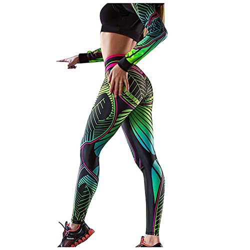 EVAEVA Damen Hose Hohe Taille Radlerhose Push Up Leggings Sporthose mit Tasche Hosen Yoga-Leggings Running Athletic Taille Fitness Hosen für Frauen Sport Drucken Neon Grüne Hosen von EVAEVA