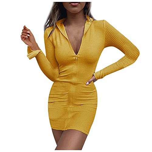 EVAEVA Damen Kleider Langarm Knielang Shirtkleider Freizeitkleid Mode lässige eng sexy Reißverschluss Night Club Minikleid weibliche Sommerkleid 46 Damen von EVAEVA