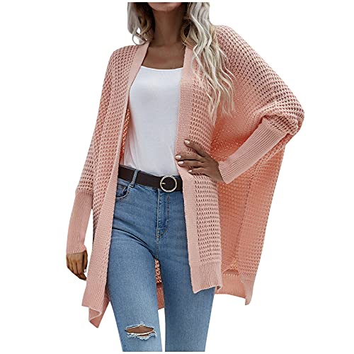 EVAEVA Damen Langarm Offene Strickjacke Lang Strickmantel Leichter Elegante Schulterjacke Casual Top Gestrickt Wasserfall Pullover Mantel Lose Bluse Langarm Offene Strickjacke Sommerjacke (Pink, L) von EVAEVA