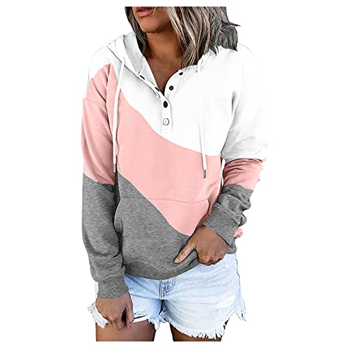 EVAEVA Damen Sweatjacke Hoodie Pullover Oberteile Kapuzenpullover Casual Hoodie Sweatshirt Frauen-Pullover-Taschen-Kordelzug, langärmliger Knopf-Hoodie, bedrucktes Blusenhemd (QB-Pink, XL) von EVAEVA