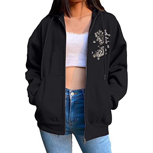 EVAEVA Frauen Gothic Print Hoodie mit Kordelzug Reißverschlusstasche Langarm Mantel lockere Teen Jacke Damen Sweatjacke Hoodie Sweatshirt Oberteile Damen Pullover Kapuzenpullover Pulli von EVAEVA